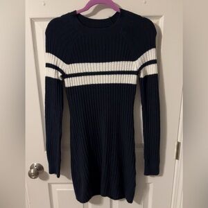Hollister Navy and White Striped Ribbed Sweater Dress